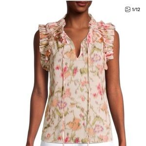 REBECCA TAYLOR Picot Floral Ruffle Sleeve Top